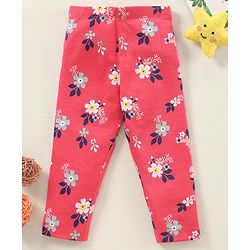 Babyhug Full Length Cotton Elastane With Stretch Leggings Floral Print - Red
