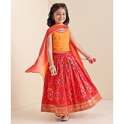 Babyhug Woven Sleeveless Embroidere Choli With Bandhani Printed Lehenga And Dupatt - Red