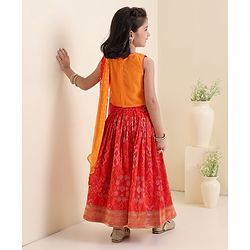 Babyhug Woven Sleeveless Embroidere Choli With Bandhani Printed Lehenga And Dupatt - Red