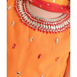 Babyhug Woven Sleeveless Embroidere Choli With Bandhani Printed Lehenga And Dupatt - Red