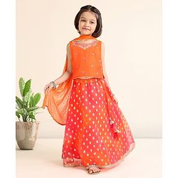 Babyhug Sleeveless Printed Choli & Lehenga Set With Dupatta & Embellishment - Orange
