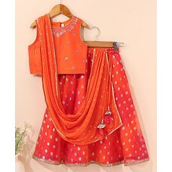 Babyhug Sleeveless Printed Choli & Lehenga Set With Dupatta & Embellishment - Orange