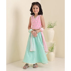 Babyhug Sleeveless 3D Embroidered Choli with Foil Print Lehenga and Shaded Embossed Print Dupatta Set- Pink & Mint