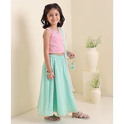 Babyhug Sleeveless 3D Embroidered Choli with Foil Print Lehenga and Shaded Embossed Print Dupatta Set- Pink & Mint