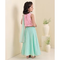 Babyhug Sleeveless 3D Embroidered Choli with Foil Print Lehenga and Shaded Embossed Print Dupatta Set- Pink & Mint
