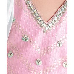 Babyhug Sleeveless 3D Embroidered Choli with Foil Print Lehenga and Shaded Embossed Print Dupatta Set- Pink & Mint