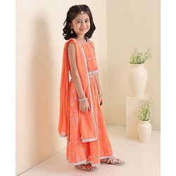 Babyhug Sleeveless Embroidered Choli Wth Embossed Print Lehenga and Dupatta Set - Coral