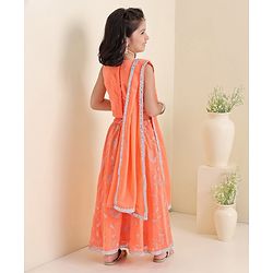 Babyhug Sleeveless Embroidered Choli Wth Embossed Print Lehenga and Dupatta Set - Coral