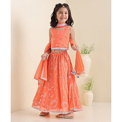 Babyhug Sleeveless Embroidered Choli Wth Embossed Print Lehenga and Dupatta Set - Coral