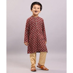 Babyhug Woven Full Sleeves Kurta & Pajama Set Ethnic Print - Maroon