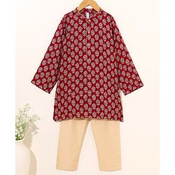 Babyhug Woven Full Sleeves Kurta & Pajama Set Ethnic Print - Maroon