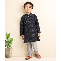 Babyhug Full Sleeves Kurta Pyjama Set Embroidered - Navy Blue