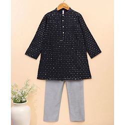 Babyhug Full Sleeves Kurta Pyjama Set Embroidered - Navy Blue
