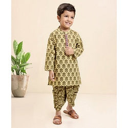 Babyhug Cotton Woven Full Sleeves Kurta & Dhoti Set Ethnic Print - Light Olive