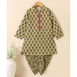 Babyhug Cotton Woven Full Sleeves Kurta & Dhoti Set Ethnic Print - Light Olive