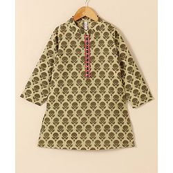 Babyhug Cotton Woven Full Sleeves Kurta & Dhoti Set Ethnic Print - Light Olive