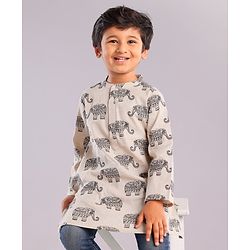 Babyhug Cotton Woven Full Sleeves Elephant Printed Kurta - Beige