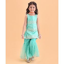Babyhug Woven Sleeveless Ethnic Printed Kurti & Sharara Set with Dupatta - Sky Blue