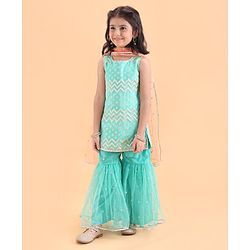 Babyhug Woven Sleeveless Ethnic Printed Kurti & Sharara Set with Dupatta - Sky Blue