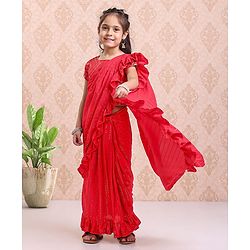 Babyhug Short Sleeves Blouse & Sequinned Ruffle Saree Set - Red