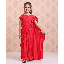 Babyhug Short Sleeves Blouse & Sequinned Ruffle Saree Set - Red