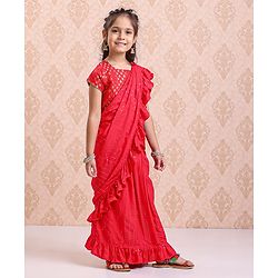 Babyhug Short Sleeves Blouse & Sequinned Ruffle Saree Set - Red