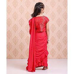 Babyhug Short Sleeves Blouse & Sequinned Ruffle Saree Set - Red