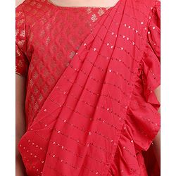 Babyhug Short Sleeves Blouse & Sequinned Ruffle Saree Set - Red