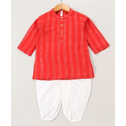 Babyhug Cotton Woven Full Sleeves Kurta Dhoti Set Stripes Print- Red