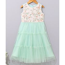 Babyhug Sleeveless Ethnic Dress Floral Embroidery & Sequin Detailing - Sea Green White