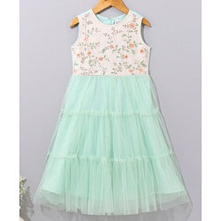Babyhug Sleeveless Ethnic Dress Floral Embroidery & Sequin Detailing - Sea Green White