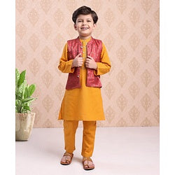 Babyhug Full Sleeves Solid Kurta & Pyjama Set With Printed Jacket - Mustard
