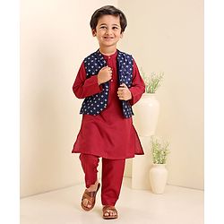 Babyhug Cotton Woven Full Sleeves Kurta & Pajama Set With Waist Coat Ethnic Print - Maroon