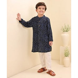 Babyhug Cotton Woven Full Sleeves Kurta & Pajama Set Ethnic Print - Navy