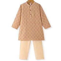 Babyhug Cotton Woven Full Sleeves Kurta & Pajama Set Ethnic Print - Beige