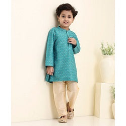 Babyhug Cotton Woven Full Sleeves Kurta & Pajama Set Ethnic Print - Aqua