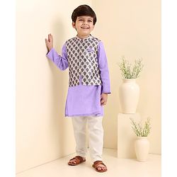 Babyhug Full Sleeves Cotton Kurta & Pyjama With Waistcoat Floral Print- Lavender