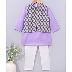 Babyhug Full Sleeves Cotton Kurta & Pyjama With Waistcoat Floral Print- Lavender