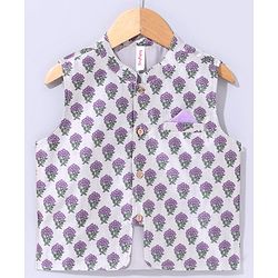 Babyhug Full Sleeves Cotton Kurta & Pyjama With Waistcoat Floral Print- Lavender