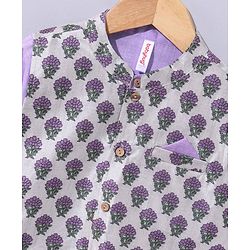 Babyhug Full Sleeves Cotton Kurta & Pyjama With Waistcoat Floral Print- Lavender