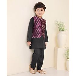 Babyhug Cotton Woven Full Sleeves Kurta & Pajama Set With Waistcoat Ethnic Print - Black