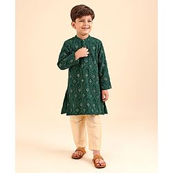 Babyhug Woven Full Sleeves Kurta & Pajama Set Ethnic Embroidered - Green
