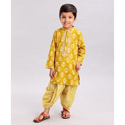Babyhug Full Sleeves Woven Printed Kurta & Dhoti Set - Mustard Yellow