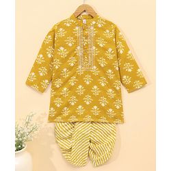 Babyhug Full Sleeves Woven Printed Kurta & Dhoti Set - Mustard Yellow