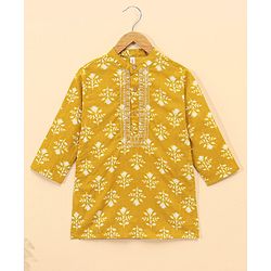 Babyhug Full Sleeves Woven Printed Kurta & Dhoti Set - Mustard Yellow