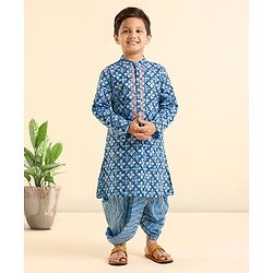 Babyhug Full Sleeves Kurta and Dhoti Set Ethnic Print - Blue