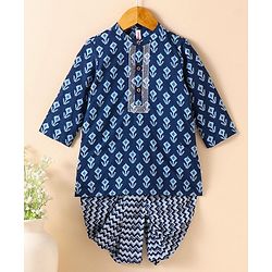Babyhug Cotton Woven Full Sleeves Kurta & Dhoti Set Ethnic Print - Navy Blue