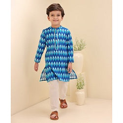 Babyhug Cotton Woven Full Sleeves Kurta & Payjama Set Ikkat Print - Blue