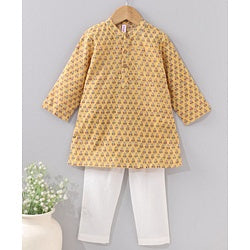 Babyhug Full Sleeves Printed Kurta & Pyjama Set - Mustard
