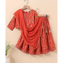 Babyhug Three Fourth Sleeves Choli With Lehenga & Dupatta Brocade Print - Orange